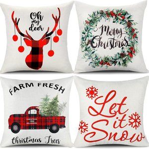 4 Farmhouse Christmas Throw Pillow Covers 18"x18" Linen Let It Snow Farm Fresh
